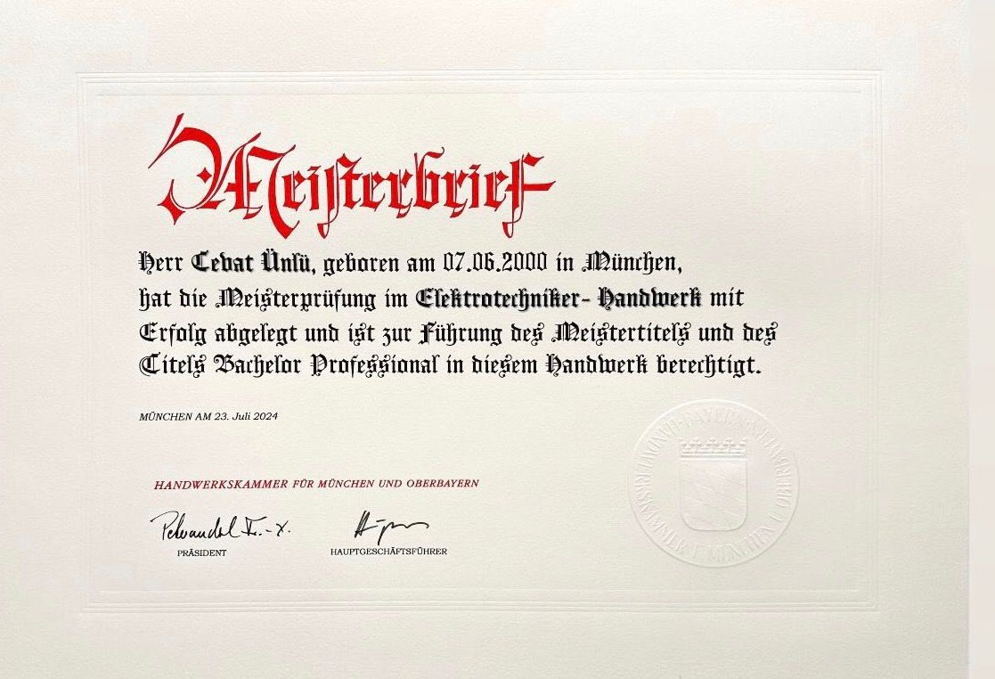 Meisterbrief der Handwerkskammer für München und Oberbayern – Elektrotechniker-Handwerk
